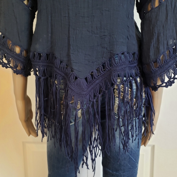 Guilty Navy Blue Top Fringed Hem Crocheted Boho Blouse Medium - Picture 5 of 5